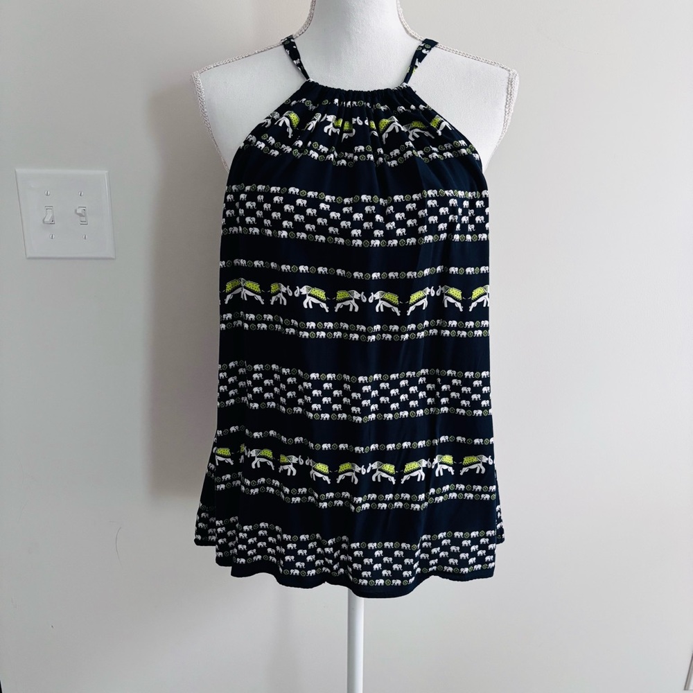 Crown & Ivy Elephant Print Sleeveless Tank Top Women's XL Blue White Casual Boho - Picture 2 of 10